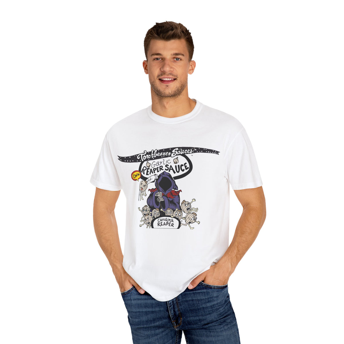 Garlic Reaper Character T-shirt (multiple colors available) - TorchBearer Sauces