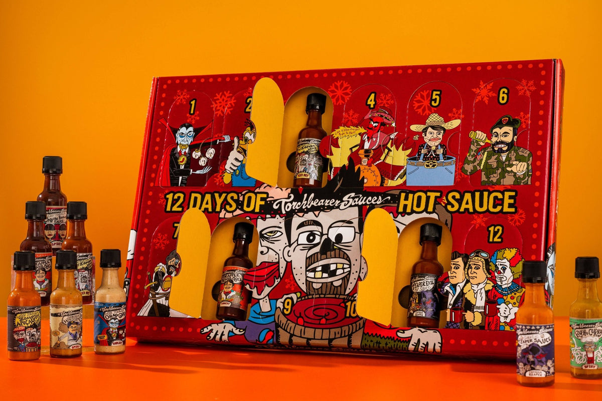 12 Days of Hot Sauce Mini Bottle Calendar (Character Version) - TorchBearer Sauces