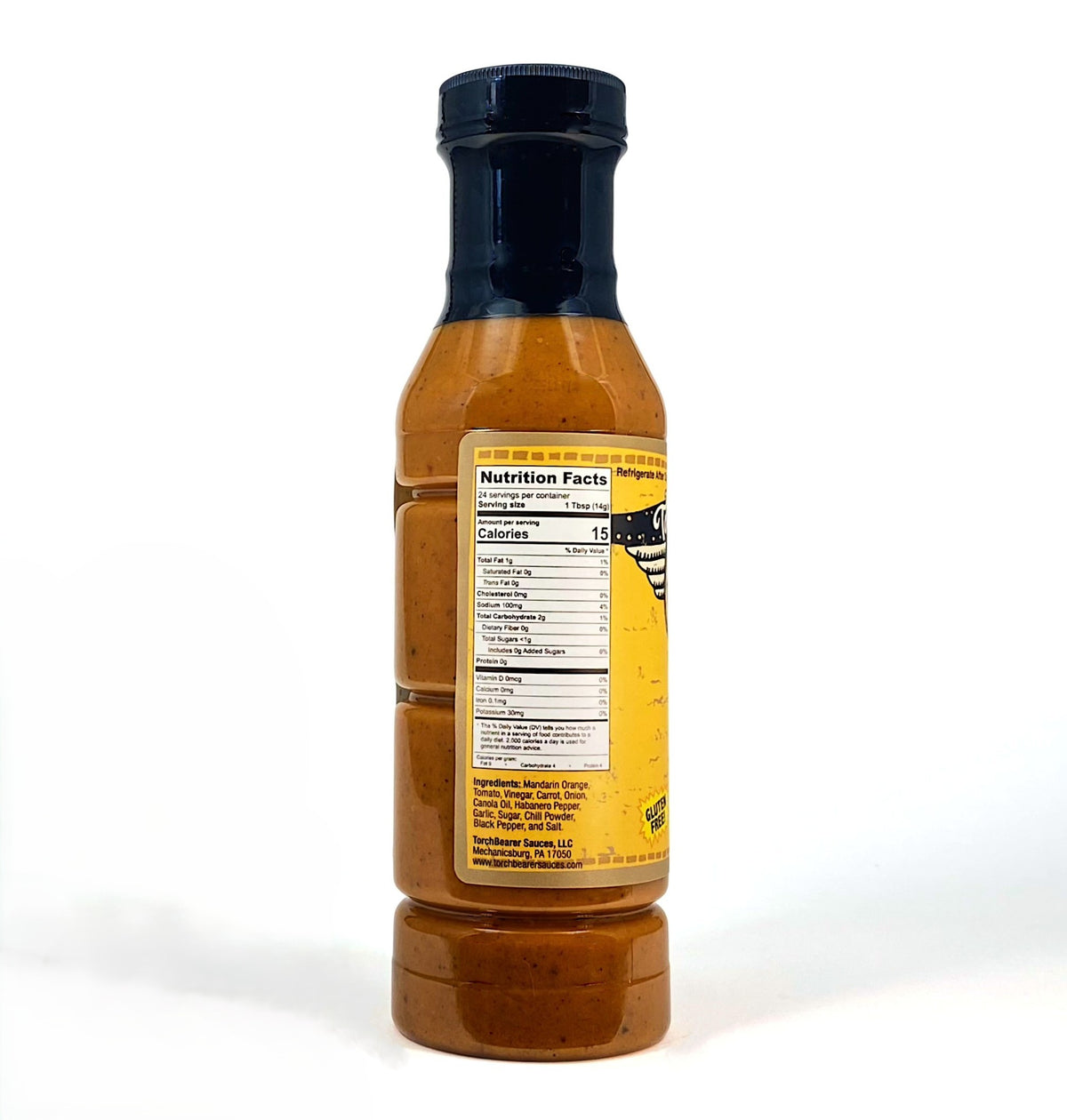 Buffalo wing sauce bottle side view with ingredient list