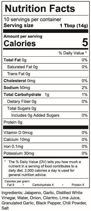 Danny Wood’s Jalapeño Cilantro Sauce ingredients label