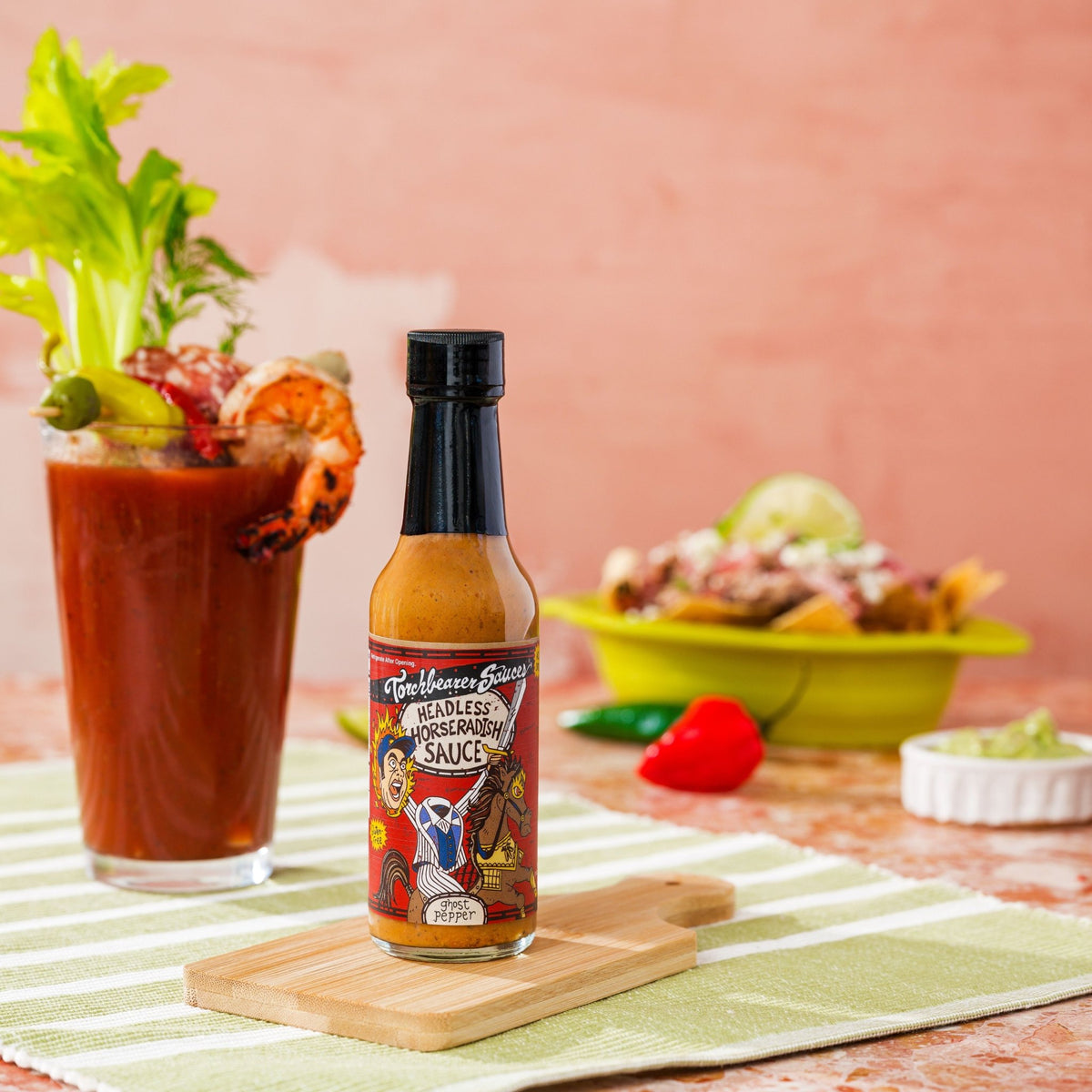 Headless Horseradish Hot Sauce with food - TorchBearer Sauces