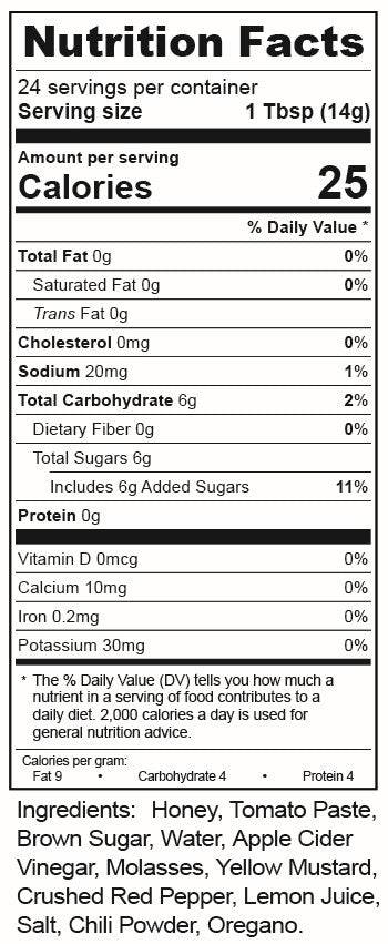 Honey BBQ Sauce nutrition facts and ingredients label