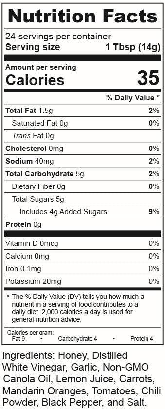 Honey Garlic Sauce nutrition facts and ingredients label