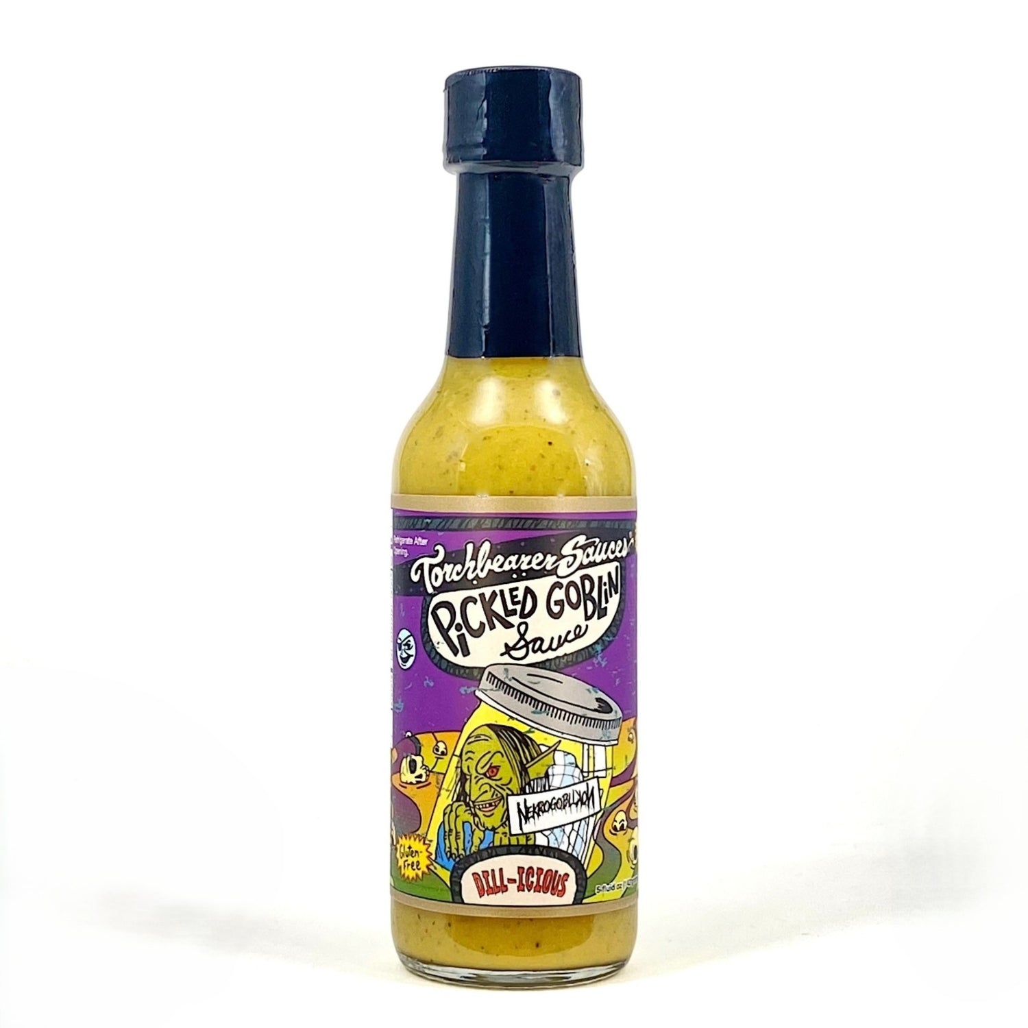 Nekrogoblikon's Pickled Goblin dill pickle hot sauce bottle