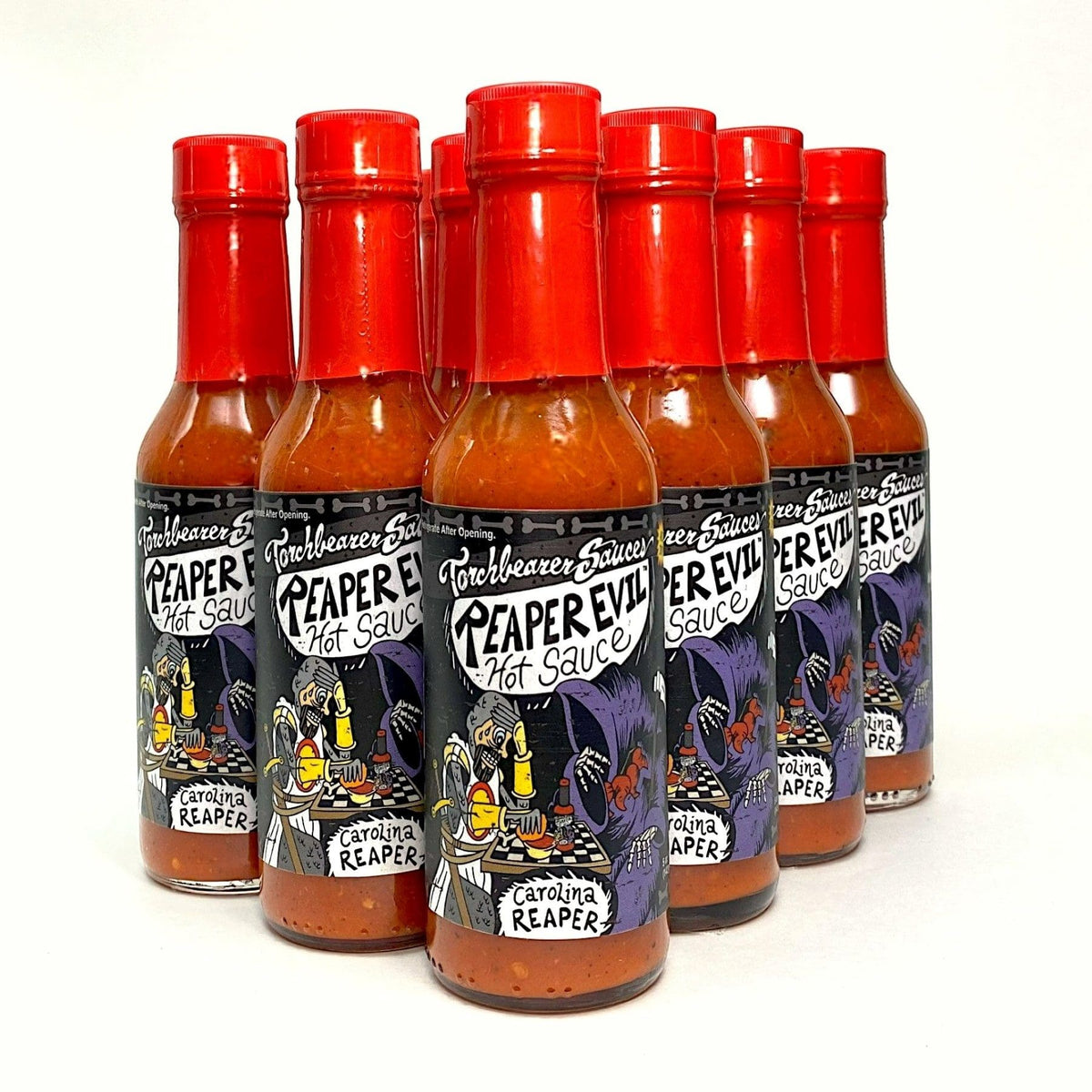 Carolina Reaper hot sauce case with 12 Reaper Evil bottles