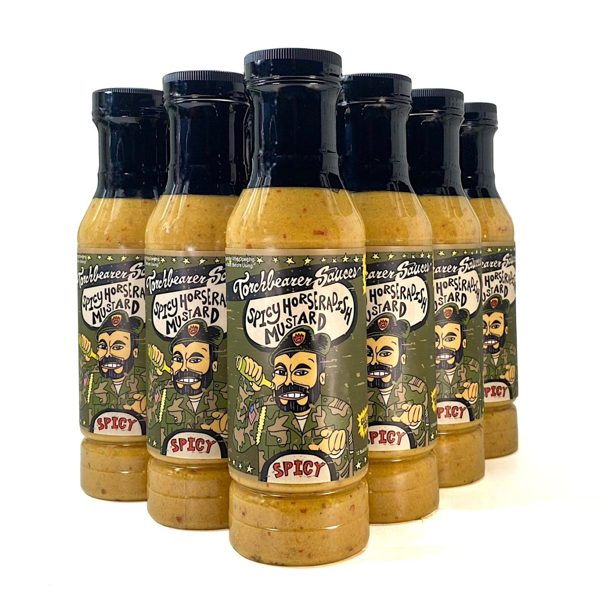 Spicy horseradish mustard case with 12 TorchBearer bottles