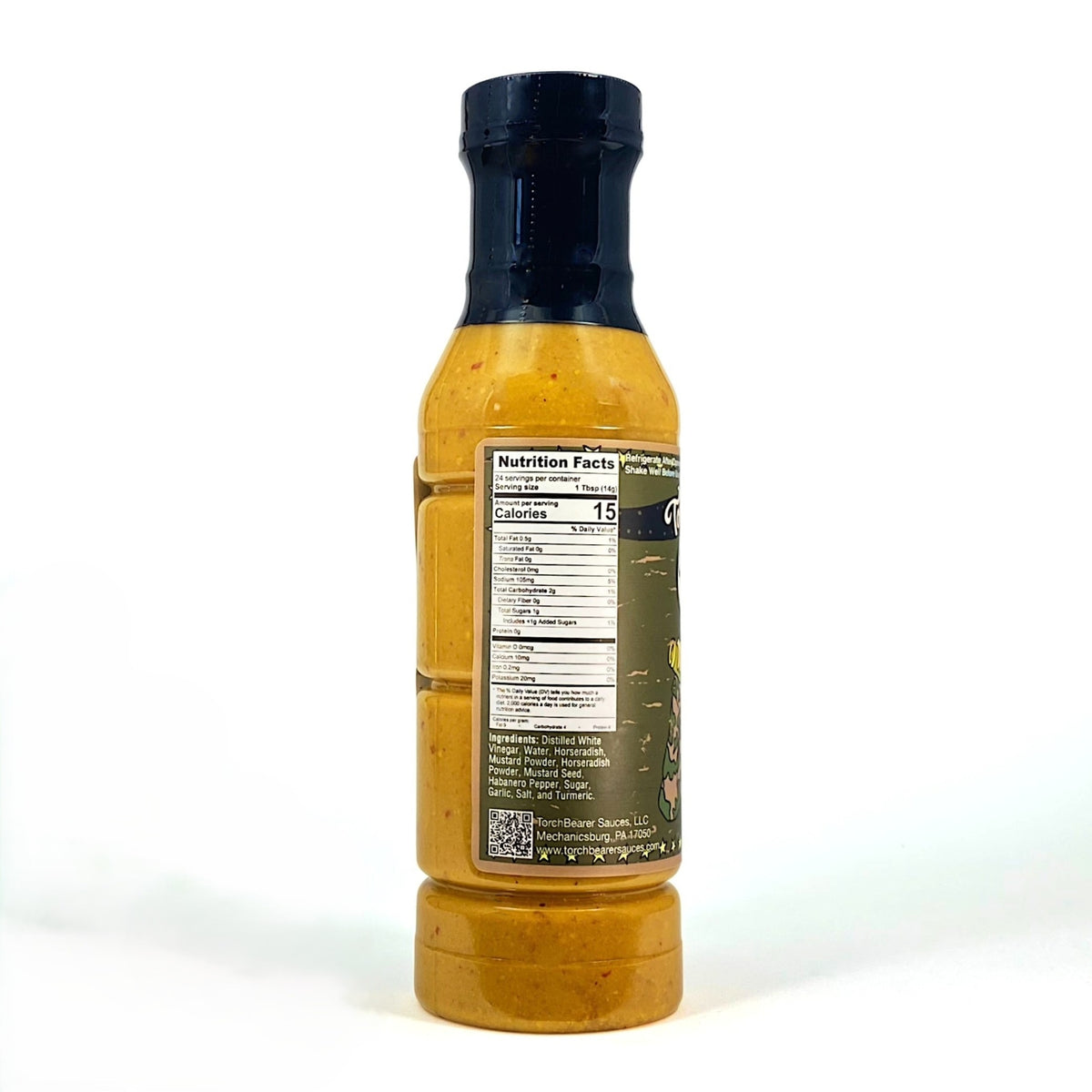 Spicy Horseradish Mustard Sauce side view with ingredients label